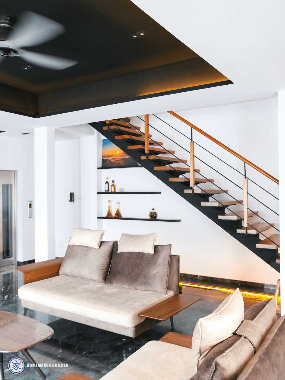 Modern Living Room with Staircase and Drop Ceiling