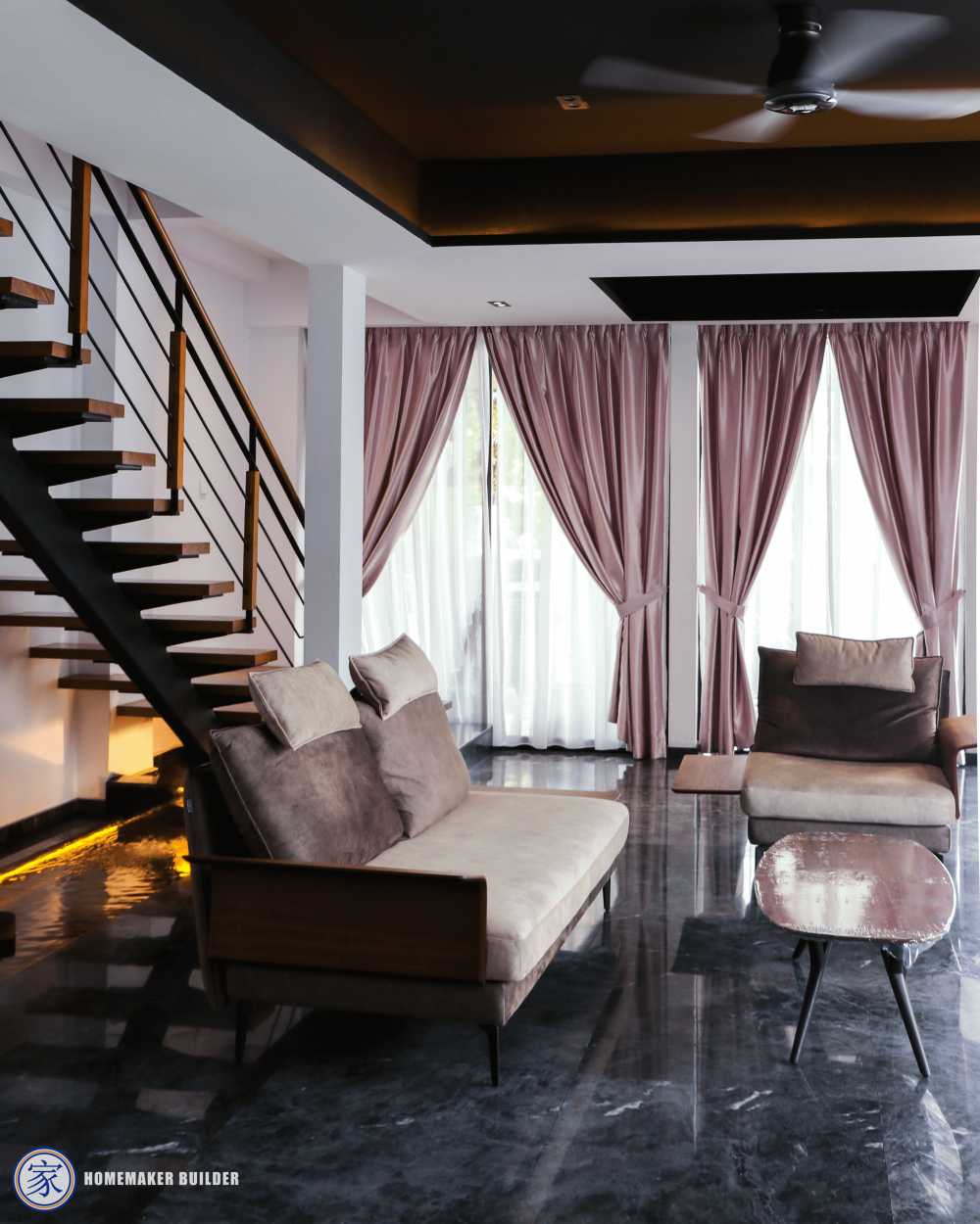 Modern Living Room with Homogeneous Tiles and Staircase
