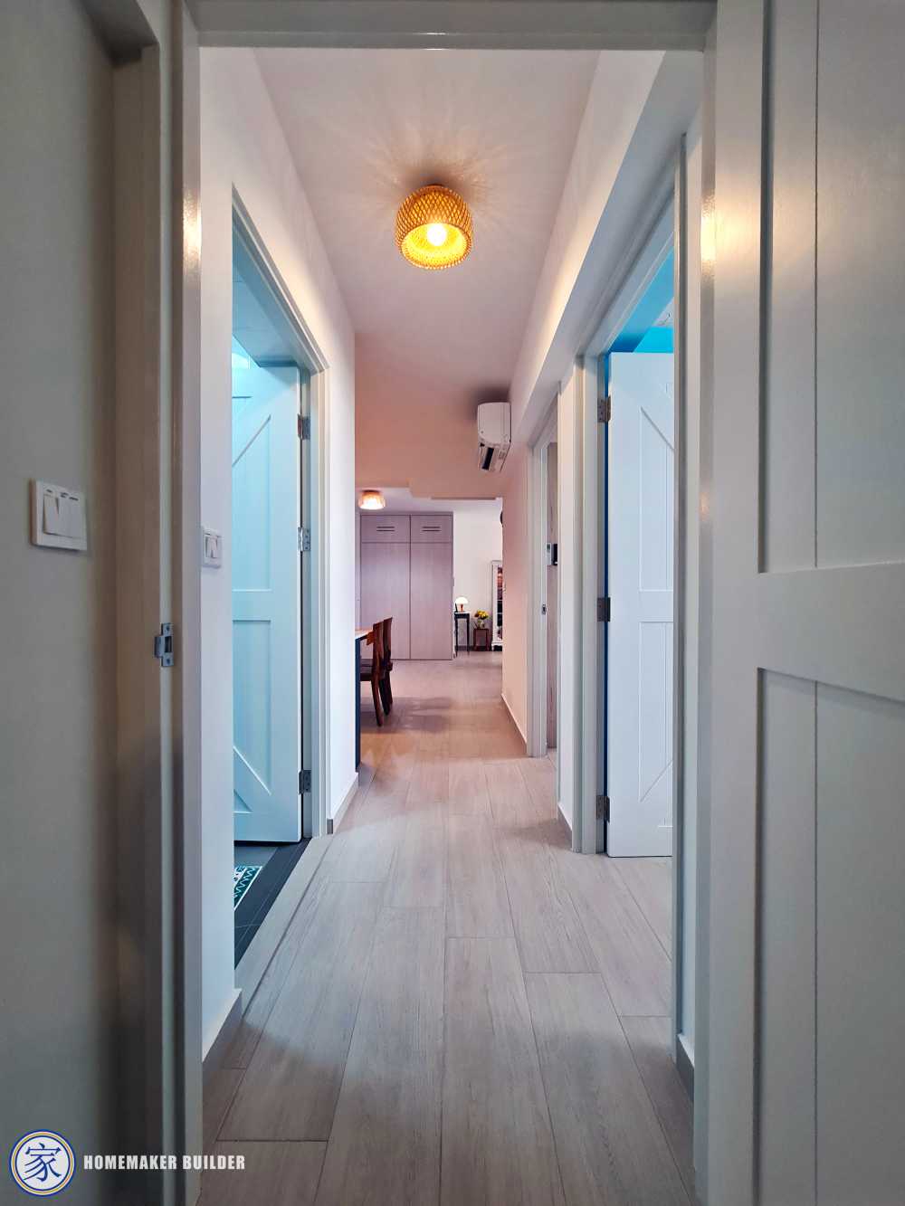 Vintage Hallway with Homogeneous Tiles and Storage Cabinets