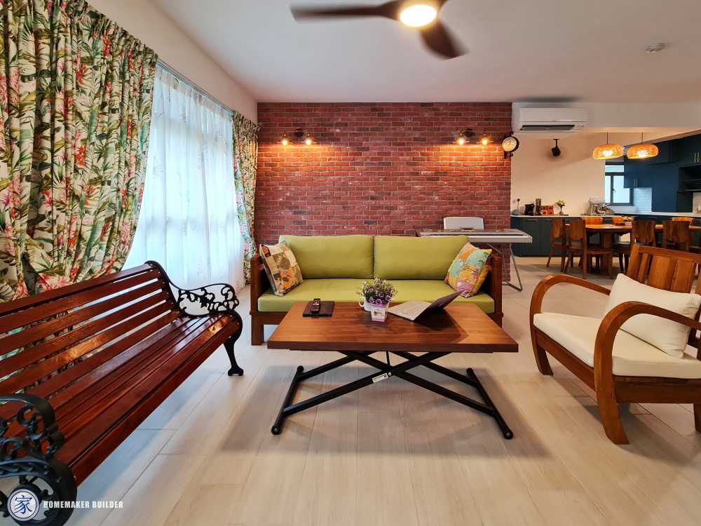 Vintage Living Room with Homogeneous Tiles and Feature Wall