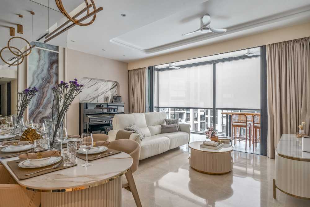 Contemporary Living Room with Chandelier and Sofa