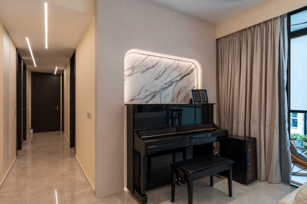 Contemporary Living Room with Marble Floor and Feature Wall