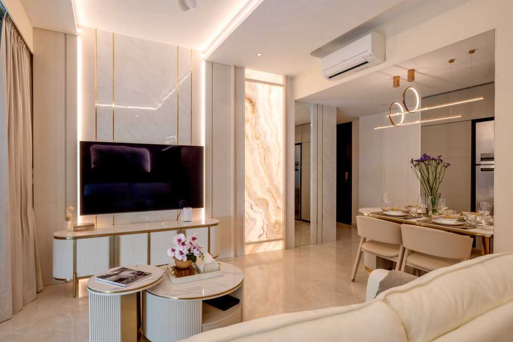 Contemporary Living Room with Feature Wall and Cove Lighting