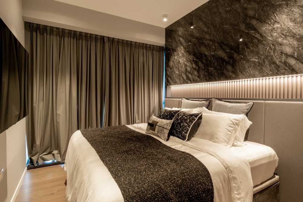 Contemporary Bedroom with Herringbone Tiling and Parquet Floor