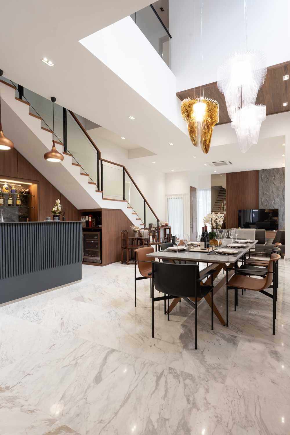Modern Dining Room with Cove Lighting and Drop Ceiling