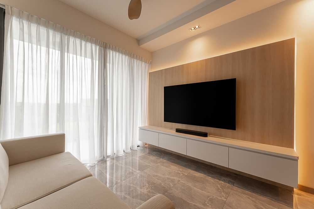 Scandinavian Living Room with Homogeneous Tiles and TV Console