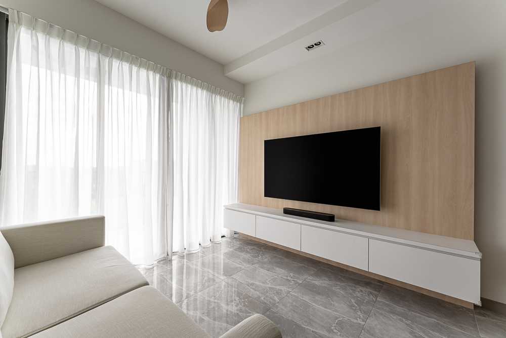 Scandinavian Living Room with Homogeneous Tiles and TV Console