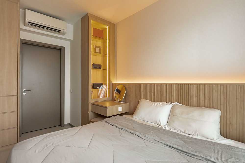 Scandinavian Bedroom with Homogeneous Tiles and Bedside Table