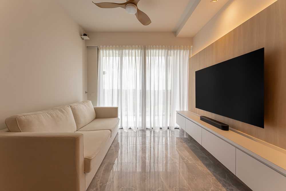 Scandinavian Living Room with Homogeneous Tiles and TV Console