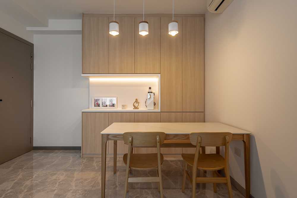 Scandinavian Living Room with Homogeneous Tiles and Storage Cabinets
