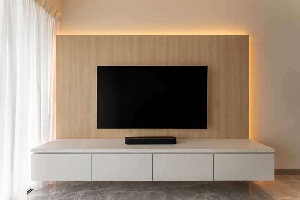 Scandinavian Living Room with Homogeneous Tiles and TV Console