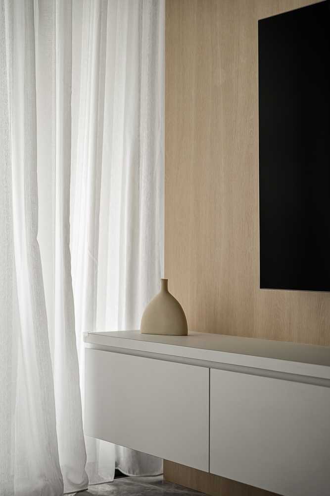 Scandinavian Living Room with TV Console and Feature Wall