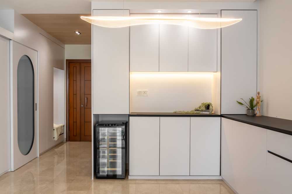 Minimalist Kitchen with Countertop and Marble Floor