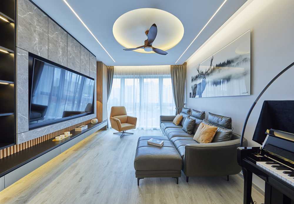 Contemporary Living Room with Vinyl Flooring and TV Console