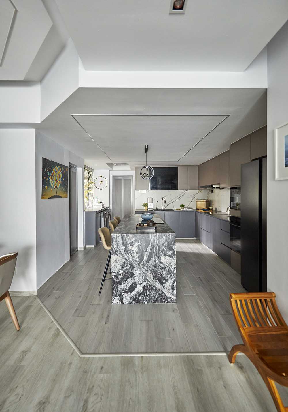 Contemporary Kitchen with Herringbone Tiling and Marble Floor