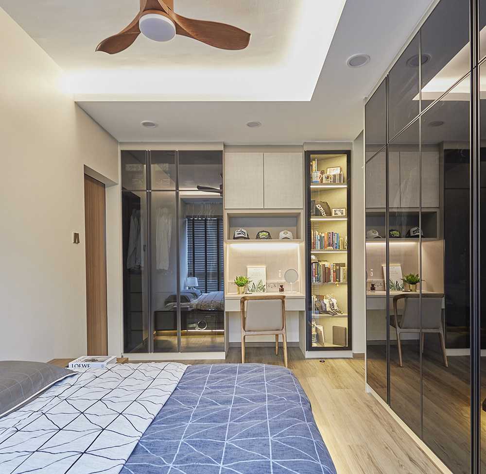 Contemporary Bedroom with Herringbone Tiling and Cement Floor