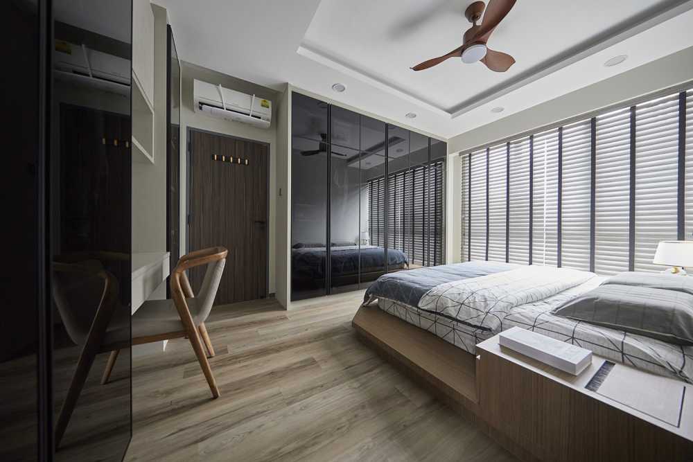 Contemporary Bedroom with Parquet Floor and Cove Lighting