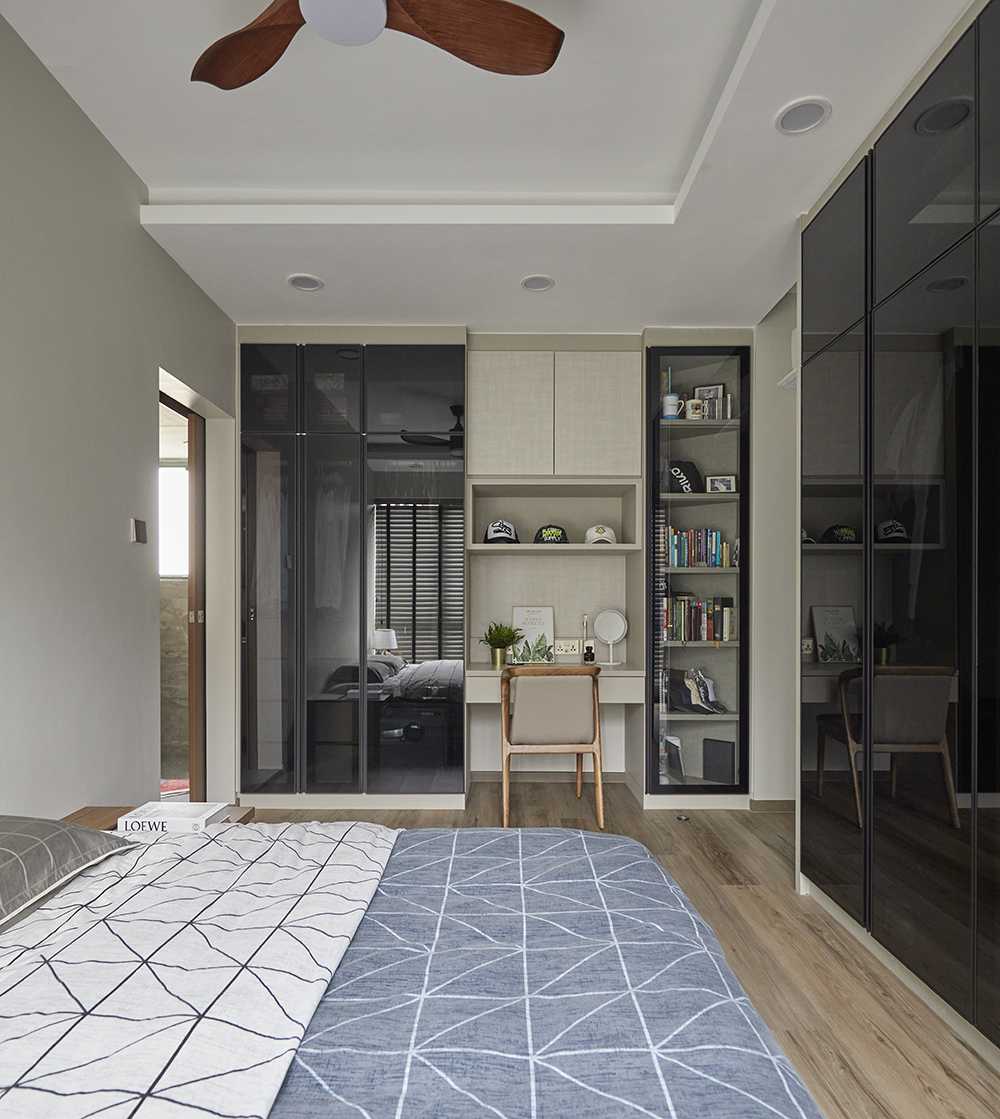 Contemporary Bedroom with Roller Blinds and Bed