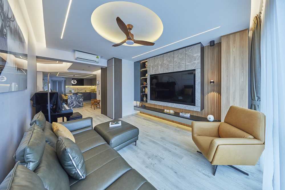 Contemporary Living Room with Vinyl Flooring and Cove Lighting