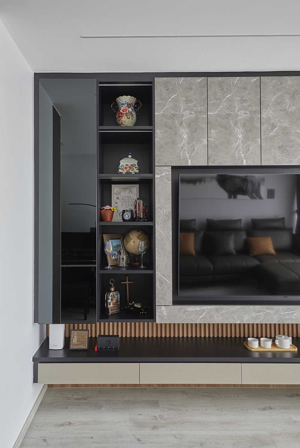 Contemporary Living Room with Parquet Floor and Wood Flooring