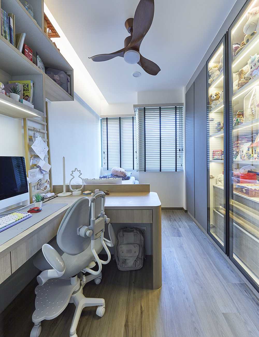 Contemporary Bedroom with Bookshelf and Platform Bed
