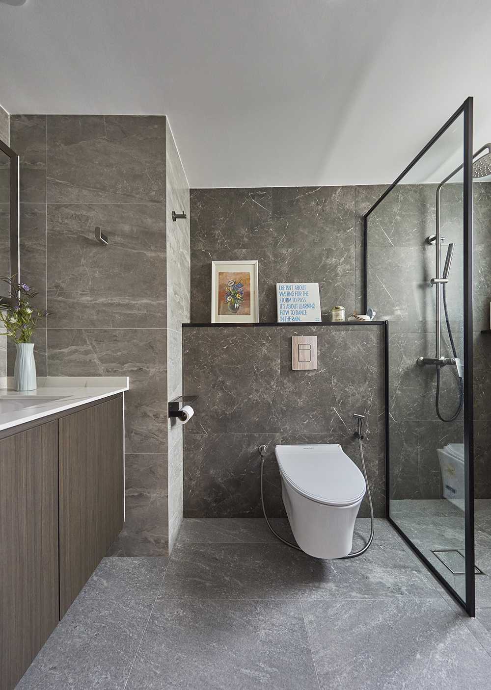 Contemporary Bathroom with Granite Floor and Wood Flooring