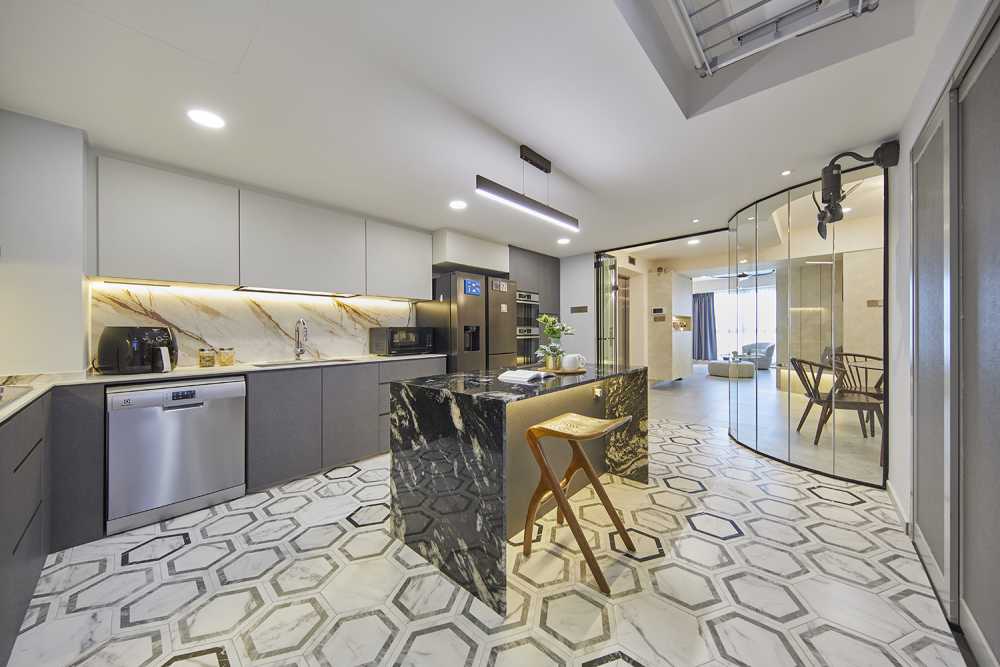 Modern Kitchen with Granite Floor and Kitchen Window