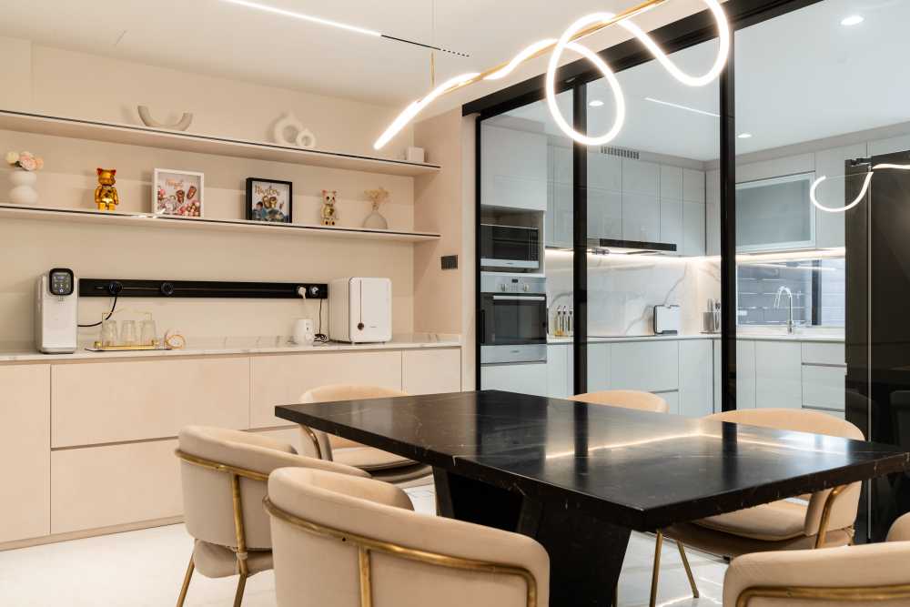 Contemporary Dining Room with Drop Light and Dining Table