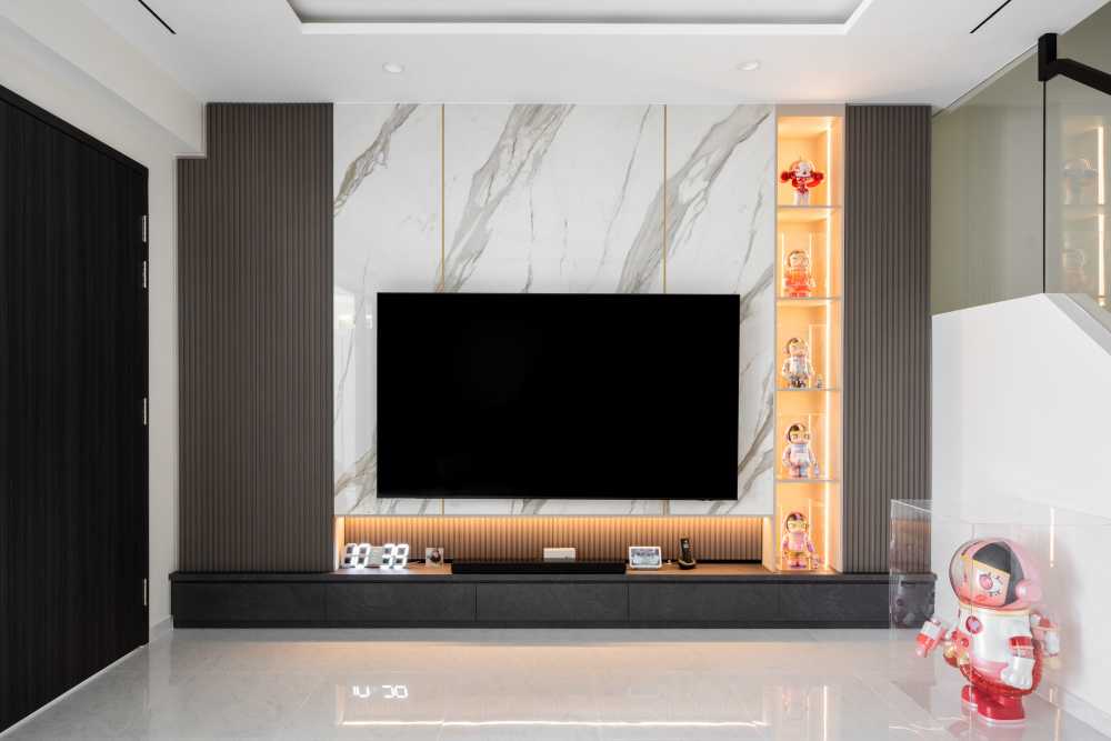 Contemporary Living Room with TV Console and Feature Wall