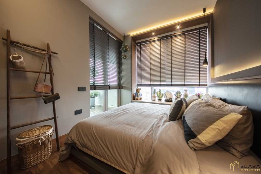 Contemporary Bedroom with Bay Window and Queen Bed