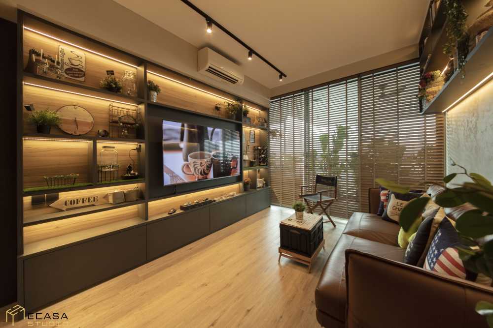 Contemporary Living Room with Bookshelf and Feature Wall