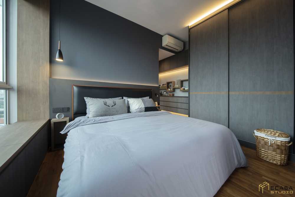 Contemporary Bedroom with Bay Window and Lighting