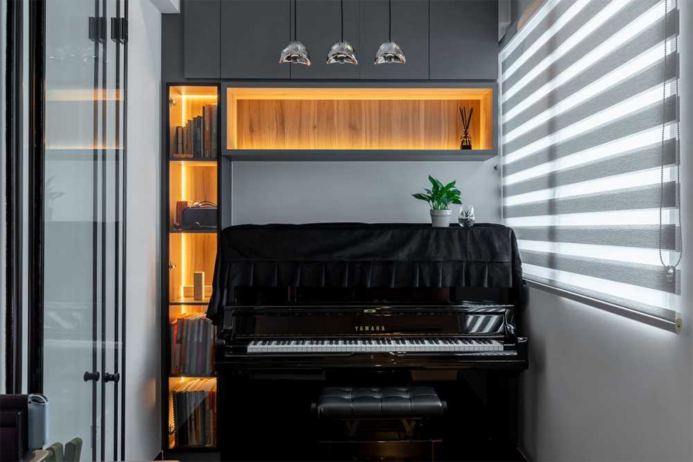 Contemporary Studio with Bookshelf and Settee
