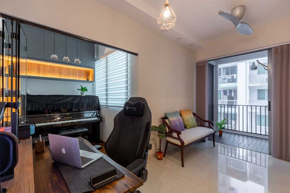 Contemporary Living Room with Bookshelf and Cement Floor