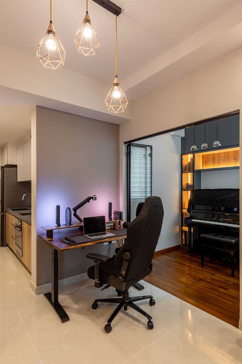 Contemporary Living Room with Bookshelf and Cement Floor
