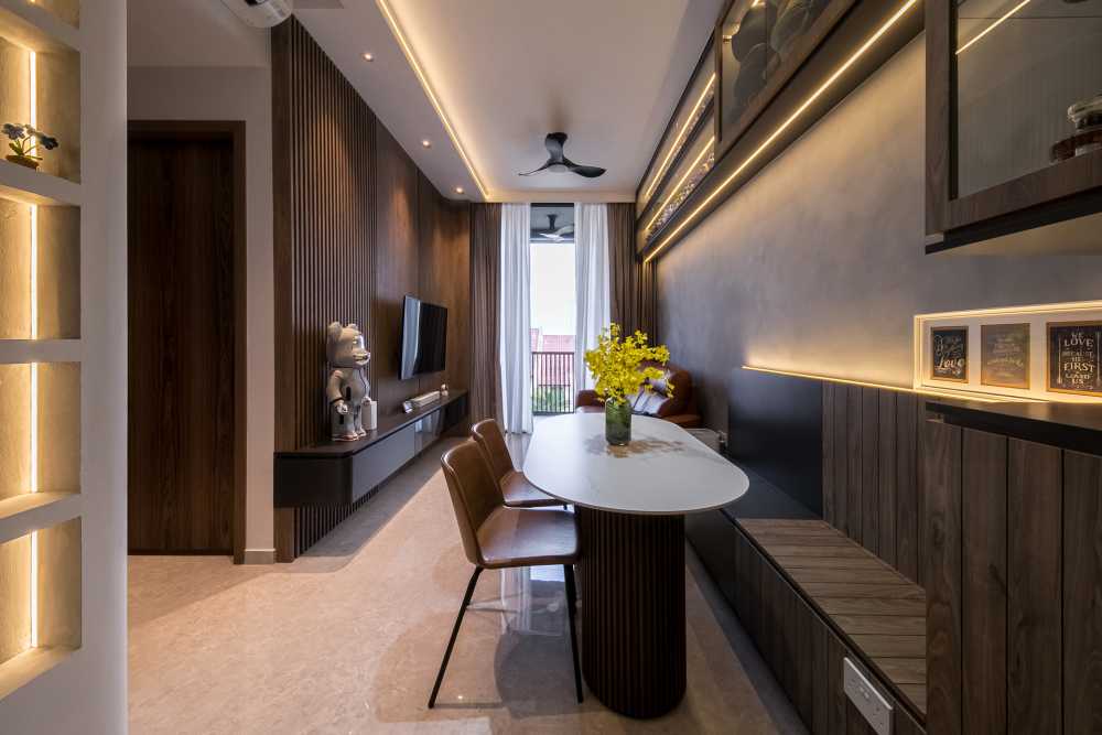 Contemporary Dining Room with TV Console and Sofa