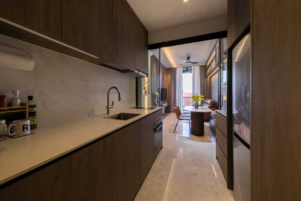 Contemporary Kitchen with Kitchen Window and Cupboard