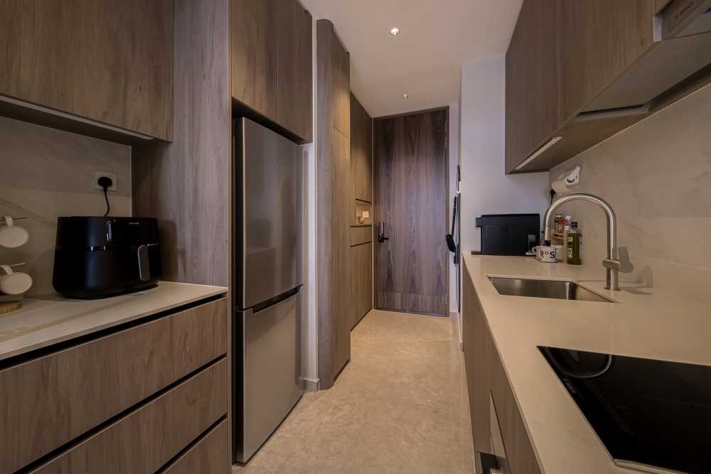 Contemporary Kitchen with Kitchen Window and Cupboard
