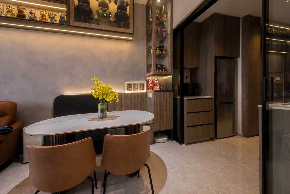 Contemporary Kitchen with TV Console and Open Kitchen