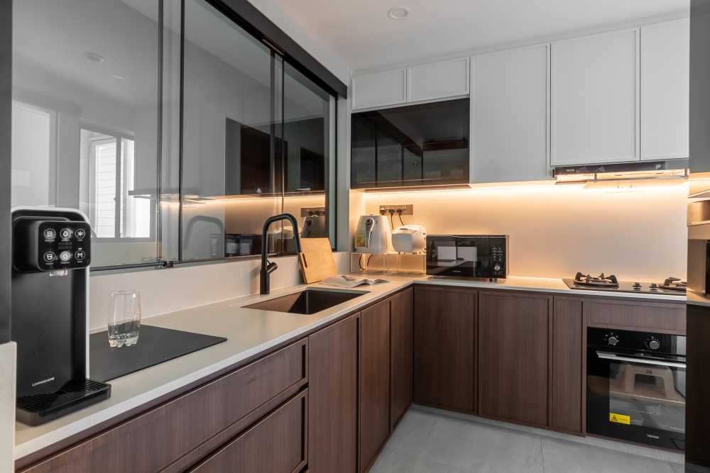 Contemporary Kitchen with Kitchen Window and Cupboard