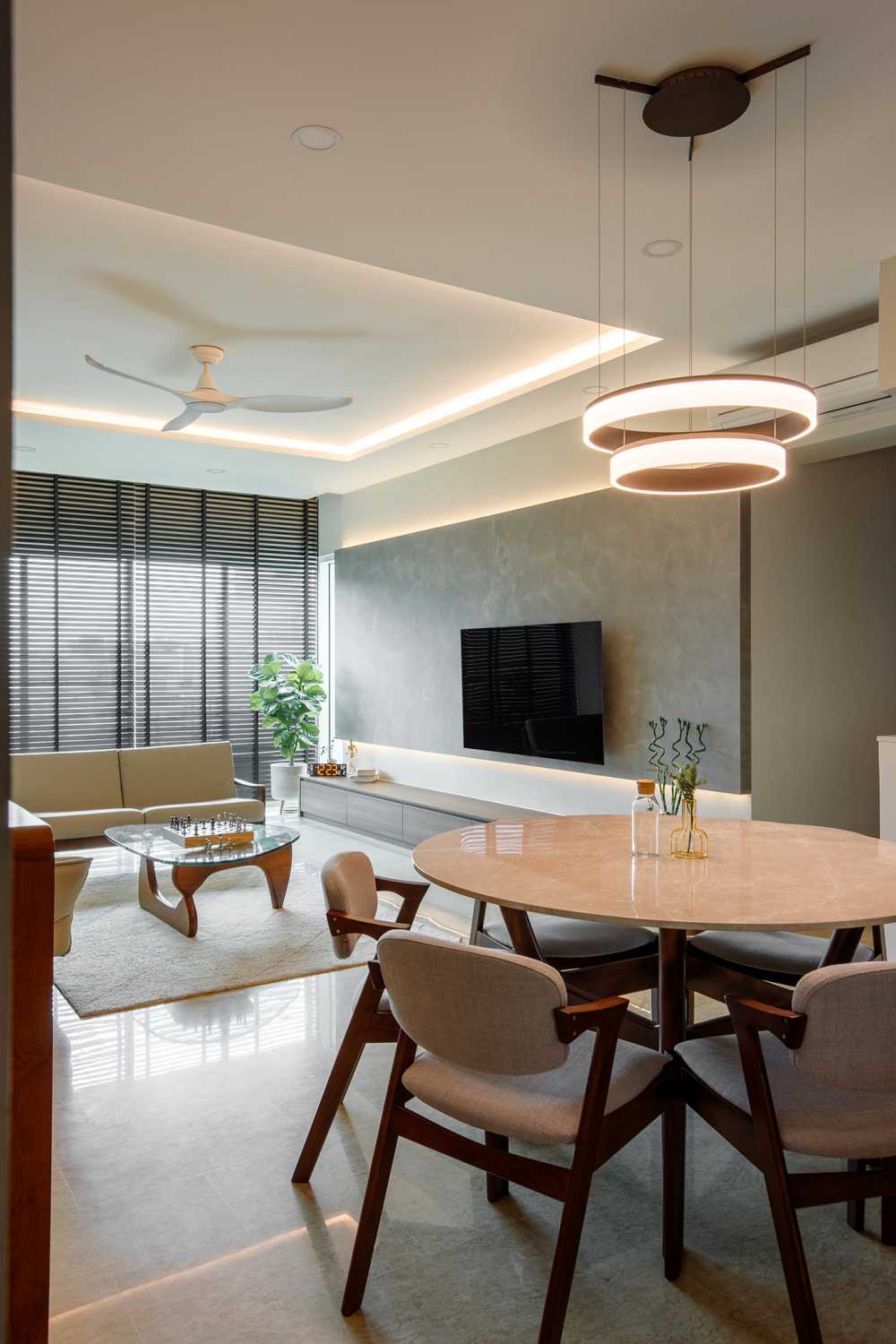 Contemporary Dining Room with Chandelier and Dining Table
