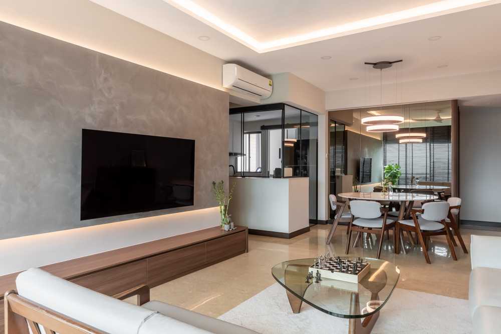 Contemporary Living Room with Drop Ceiling and Ceiling Light