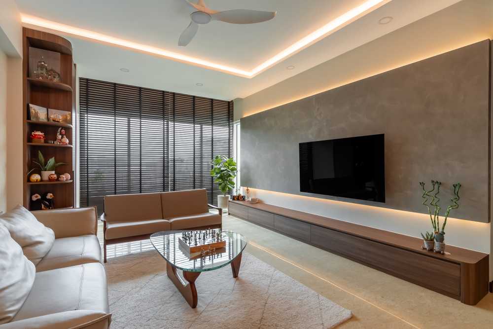 Contemporary Living Room with TV Console and Feature Wall