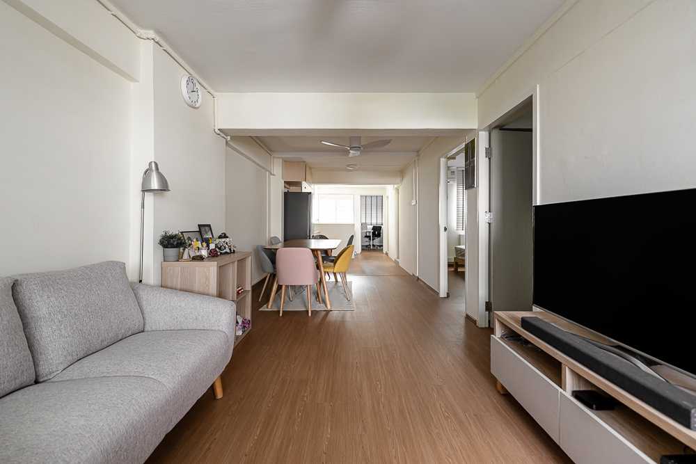 Scandinavian Living Room with Vinyl Flooring and TV Console