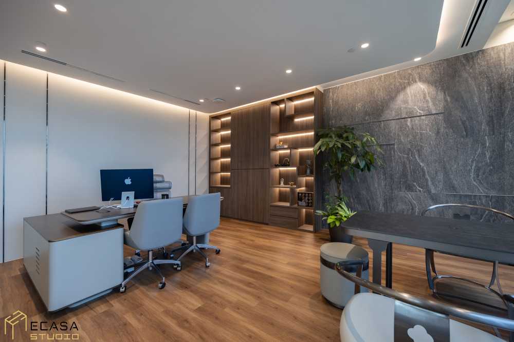 Modern Office with Bookshelf and Desk