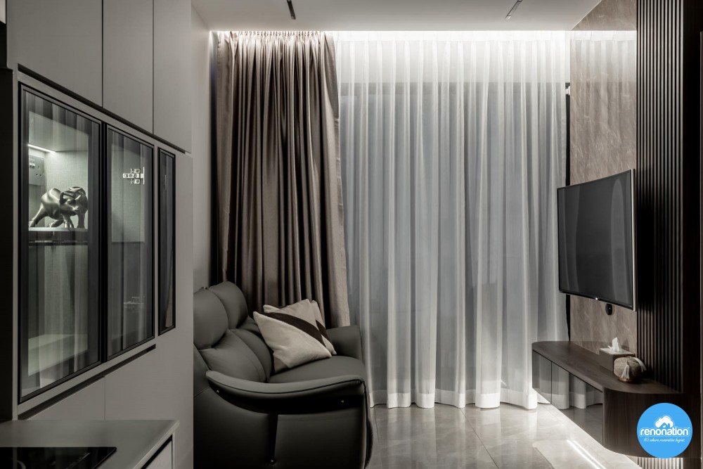 Modern Living Room with Homogeneous Tiles and TV Console