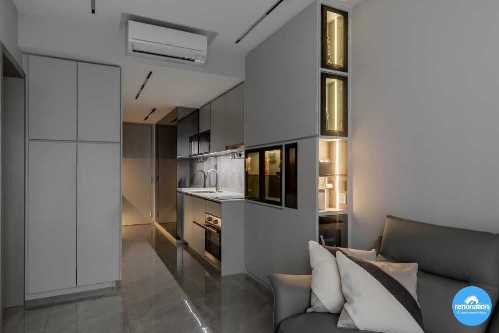 Modern Kitchen with Homogeneous Tiles and Artwork