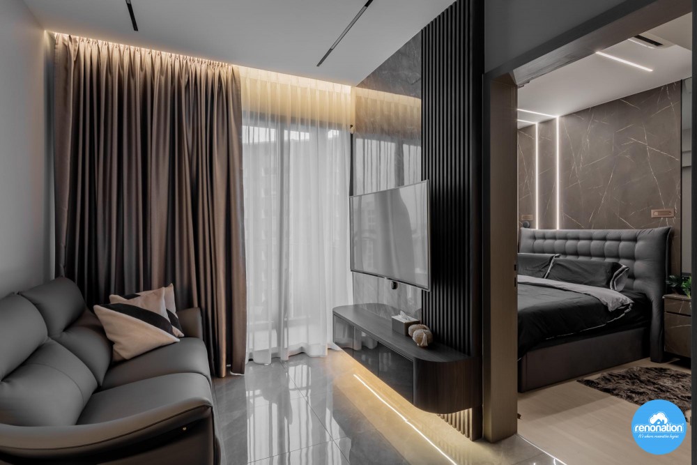 Modern Living Room with Homogeneous Tiles and TV Console
