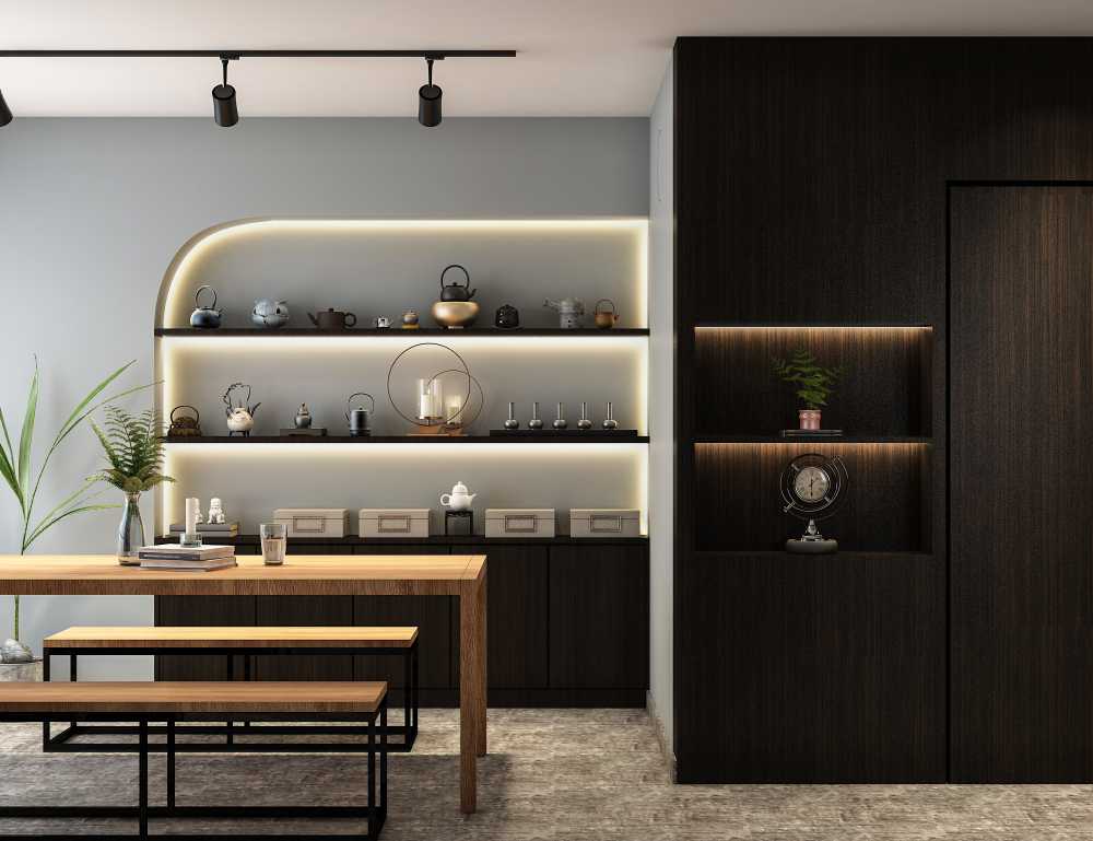 Modern Living Room with Bookshelf and Feature Wall