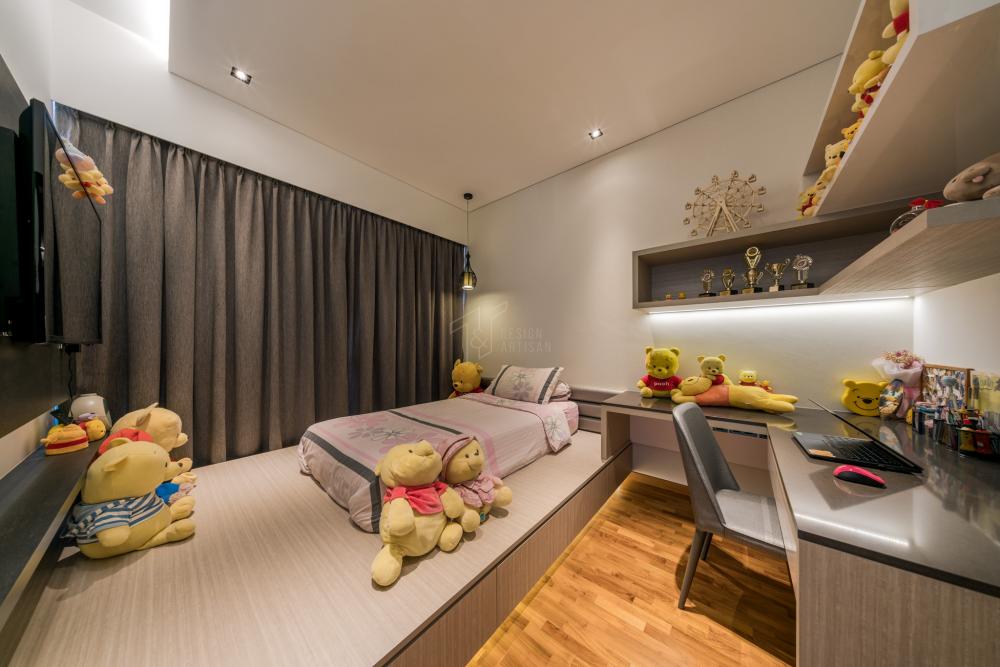 Modern Bedroom with Parquet Floor and Bay Window